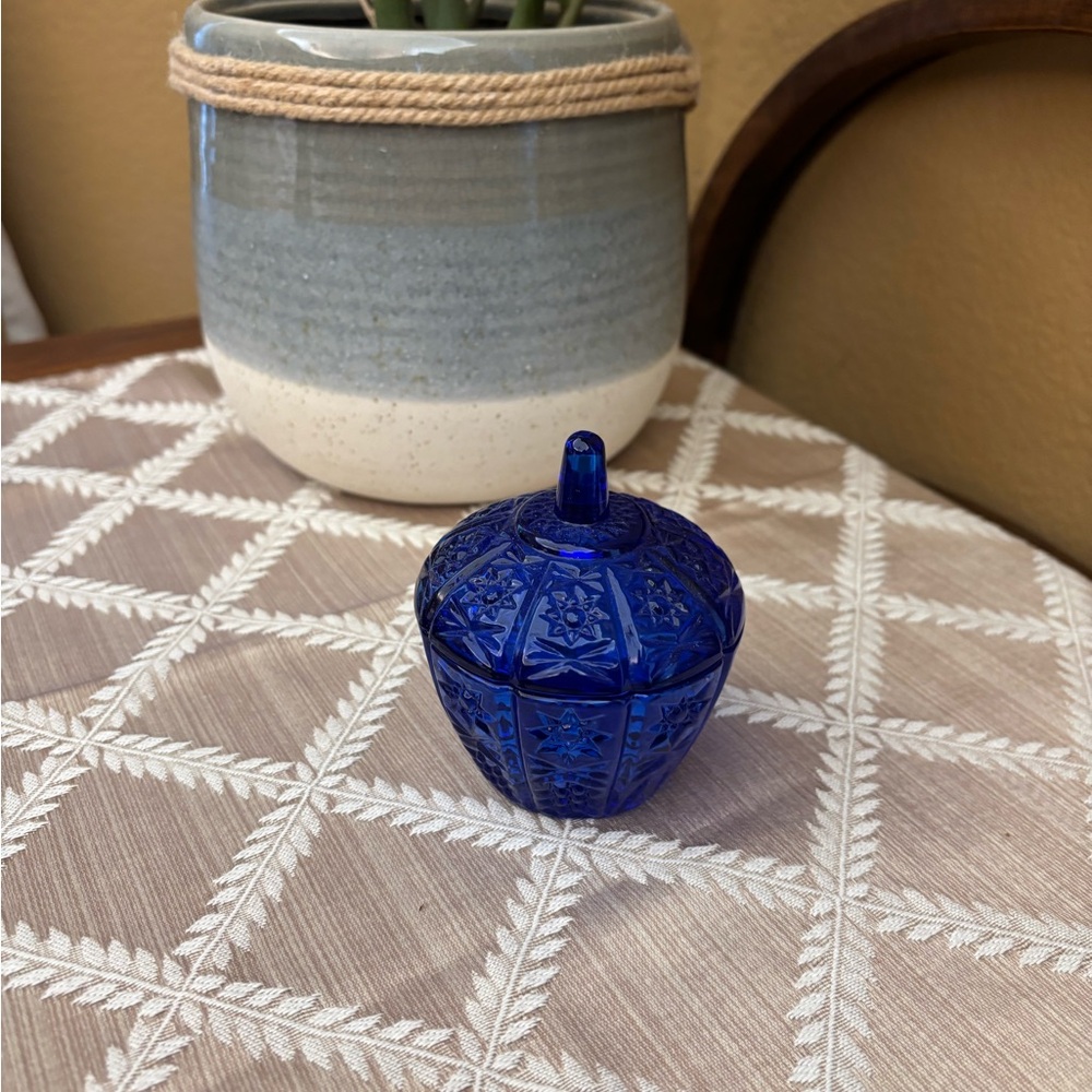 Vintage Cobalt Blue Glass Lidded Candy or Jewelry Trinket Star Flower Pattern
